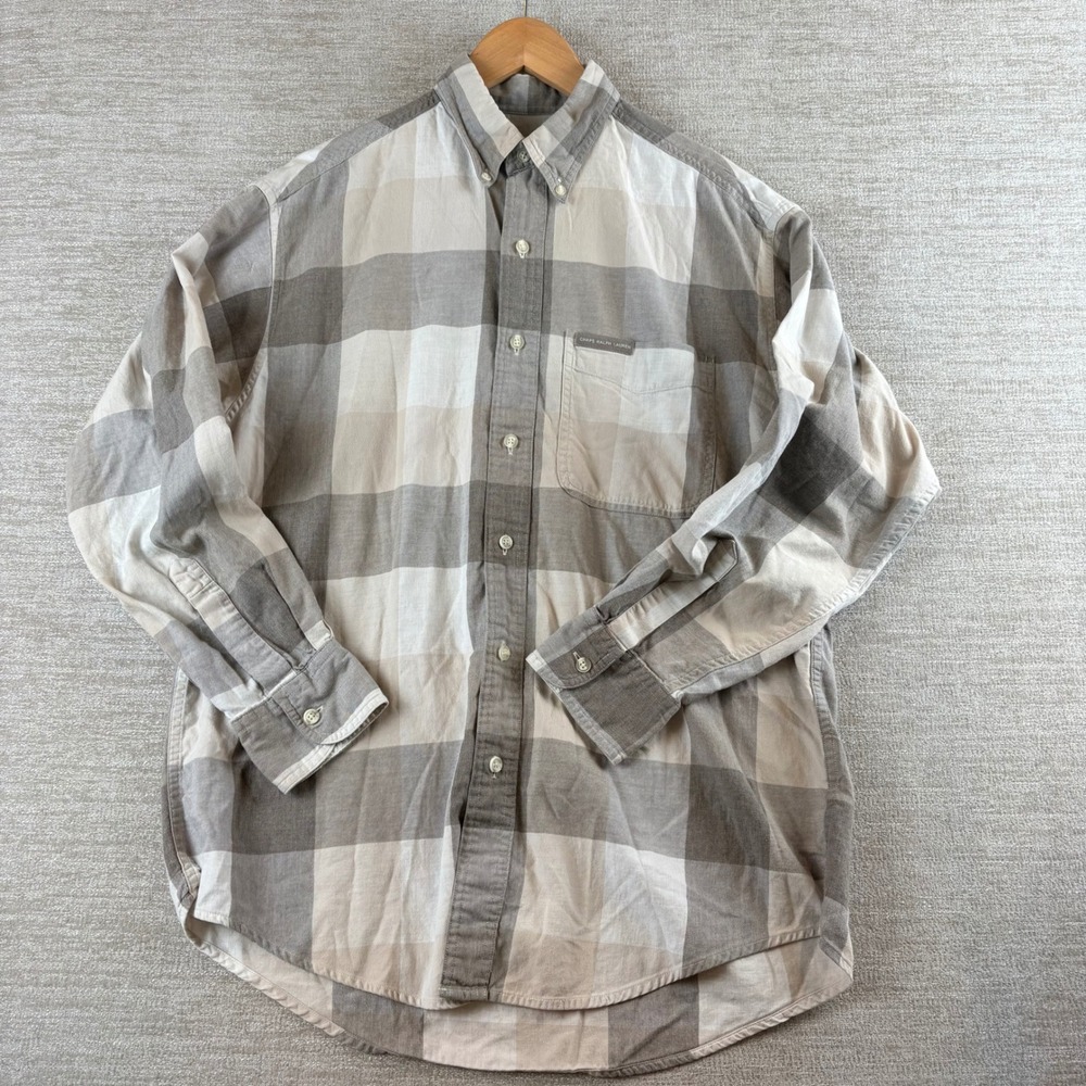 Vintage Ralph Lauren Buffalo Check Plaid Shirt Mens M Beige Gray Workwear Grunge - Picture 2 of 10